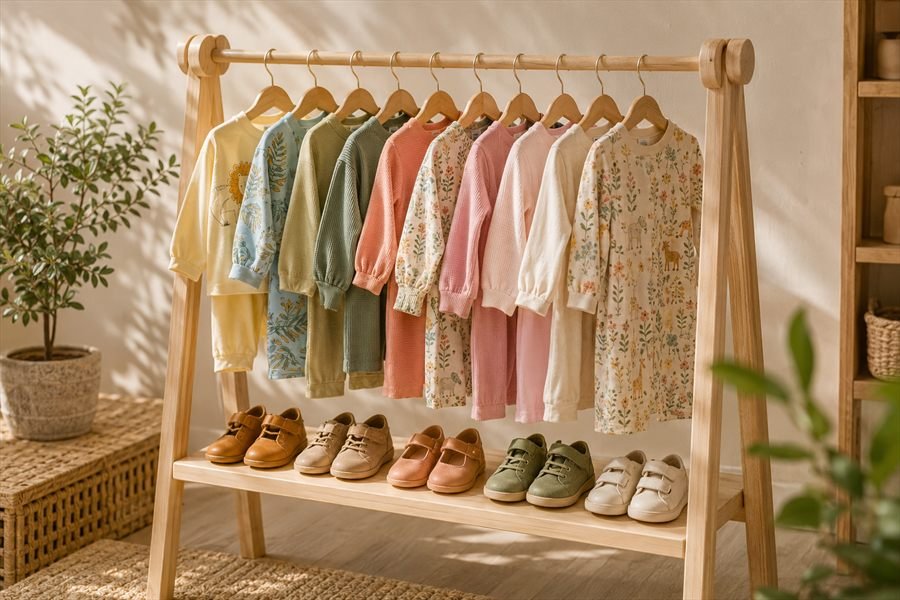 Ropa infantil colgada en perchero